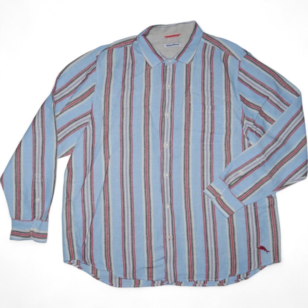 Tommy Bahama Linen Blend L/S Button Up Shirt Men's Size 2XL Blue Stripe EUC